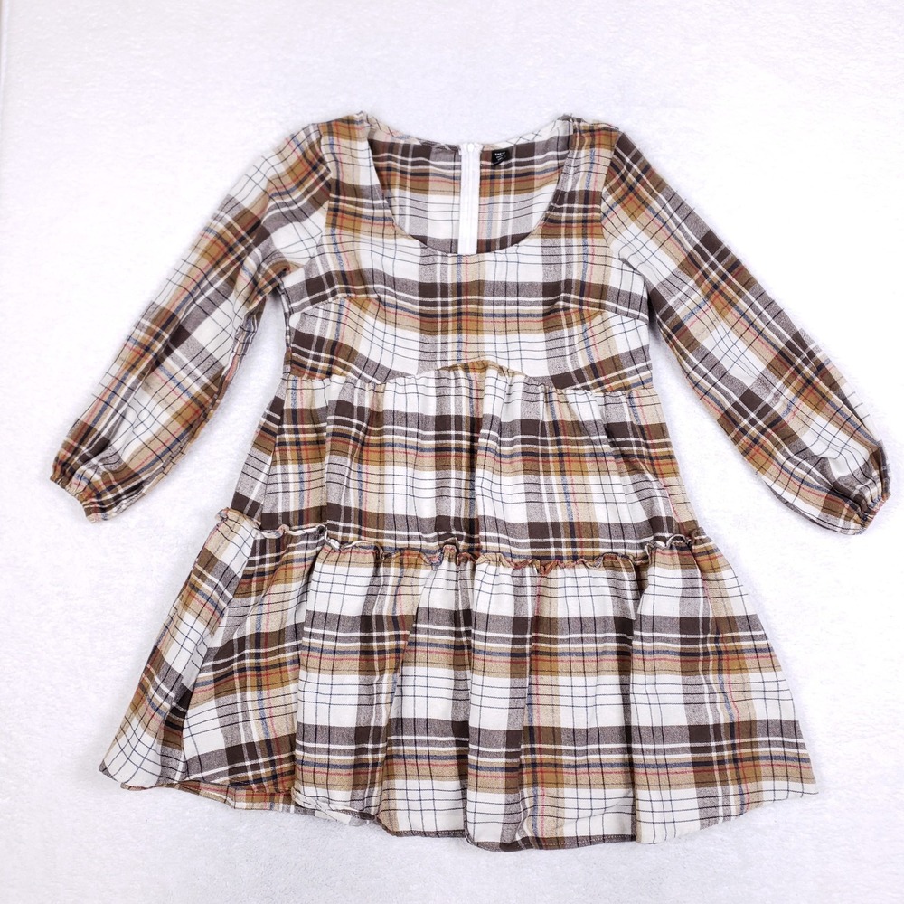 Shein Curve Plaid Tiered Babydoll Dress OXL‎ Brown Tan Long Sleeve Cottagecore